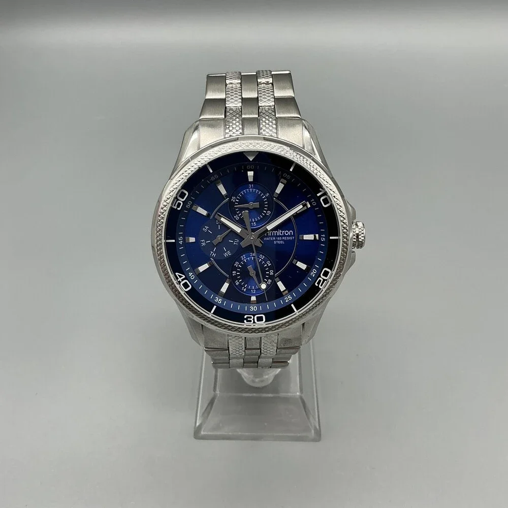 Armitron 20/4471ST Mens Watch 42mm Blue Silver Tone Bracelet New Battery 7.5
